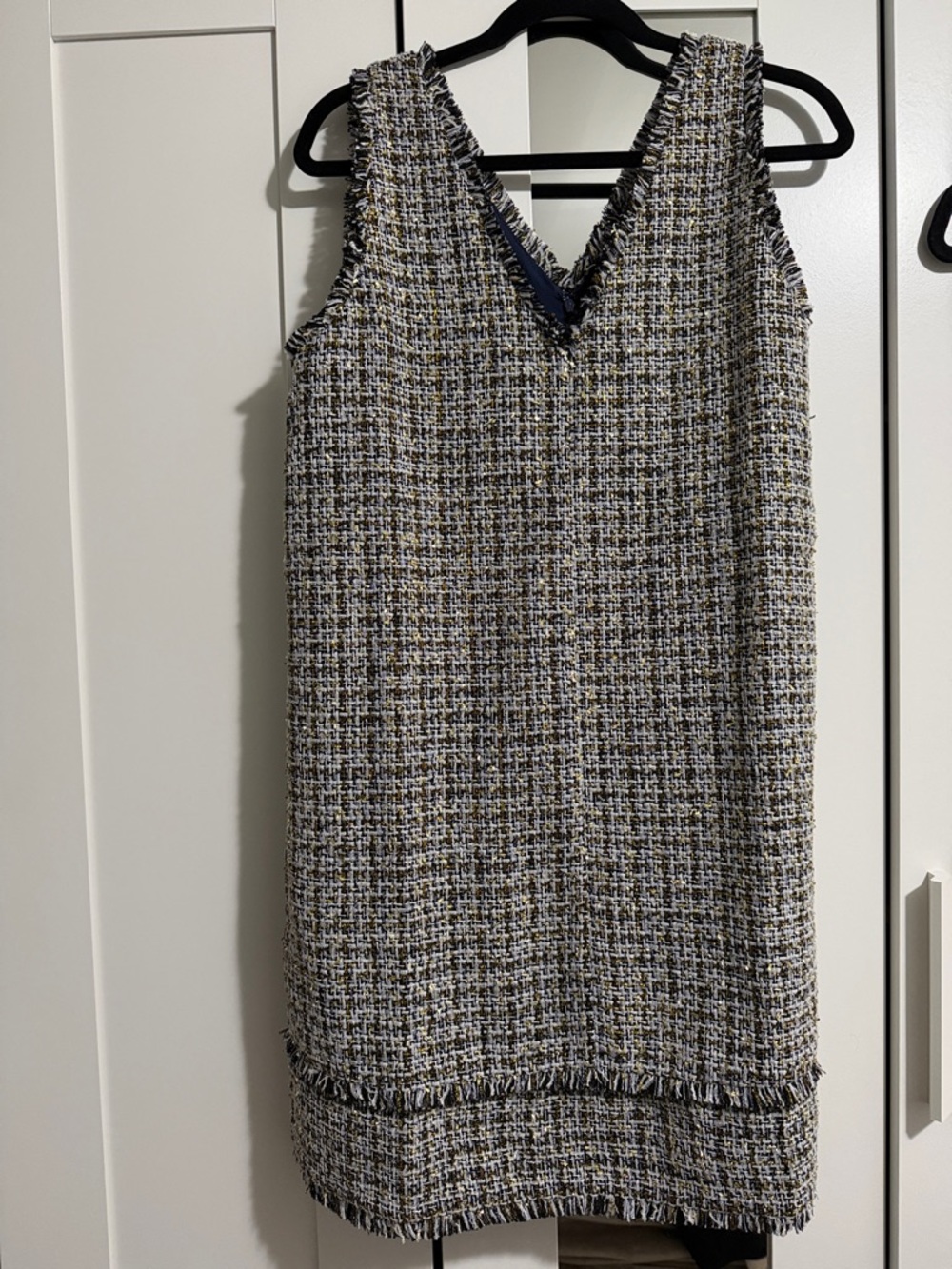 LOFT Black, White & Olive Tweed Sleeveless Midi Dress